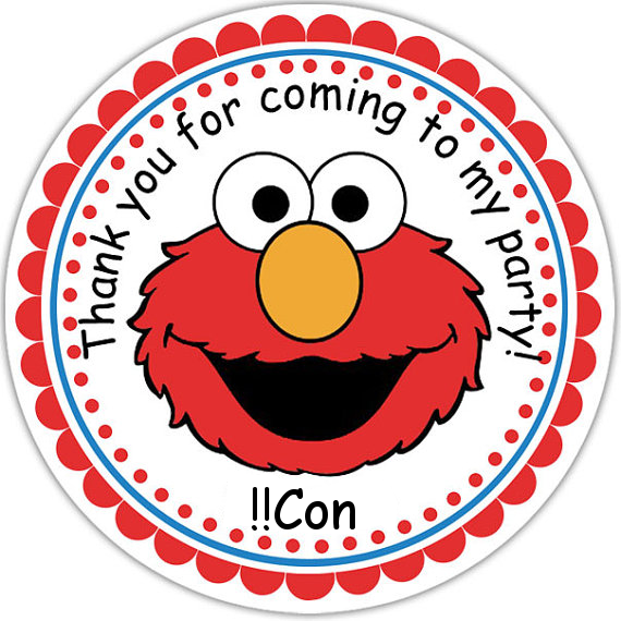 A cartoon of Elmo’s face,
in a circle decorated with red and blue patterns, originally intended
to be printed onto the thank-you cards for a child’s birthday party.
At the top of the circle are the words “Thank you for coming to my
party!”  At the bottom, in place of the recipient’s name, is “!!Con”